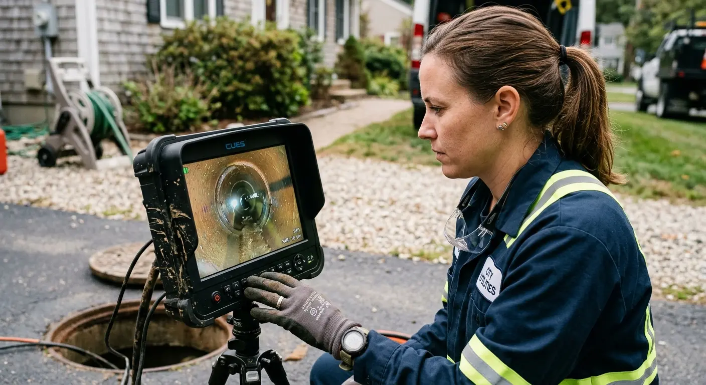 Technician reviewing sewer camera inspection footage in Cambridge