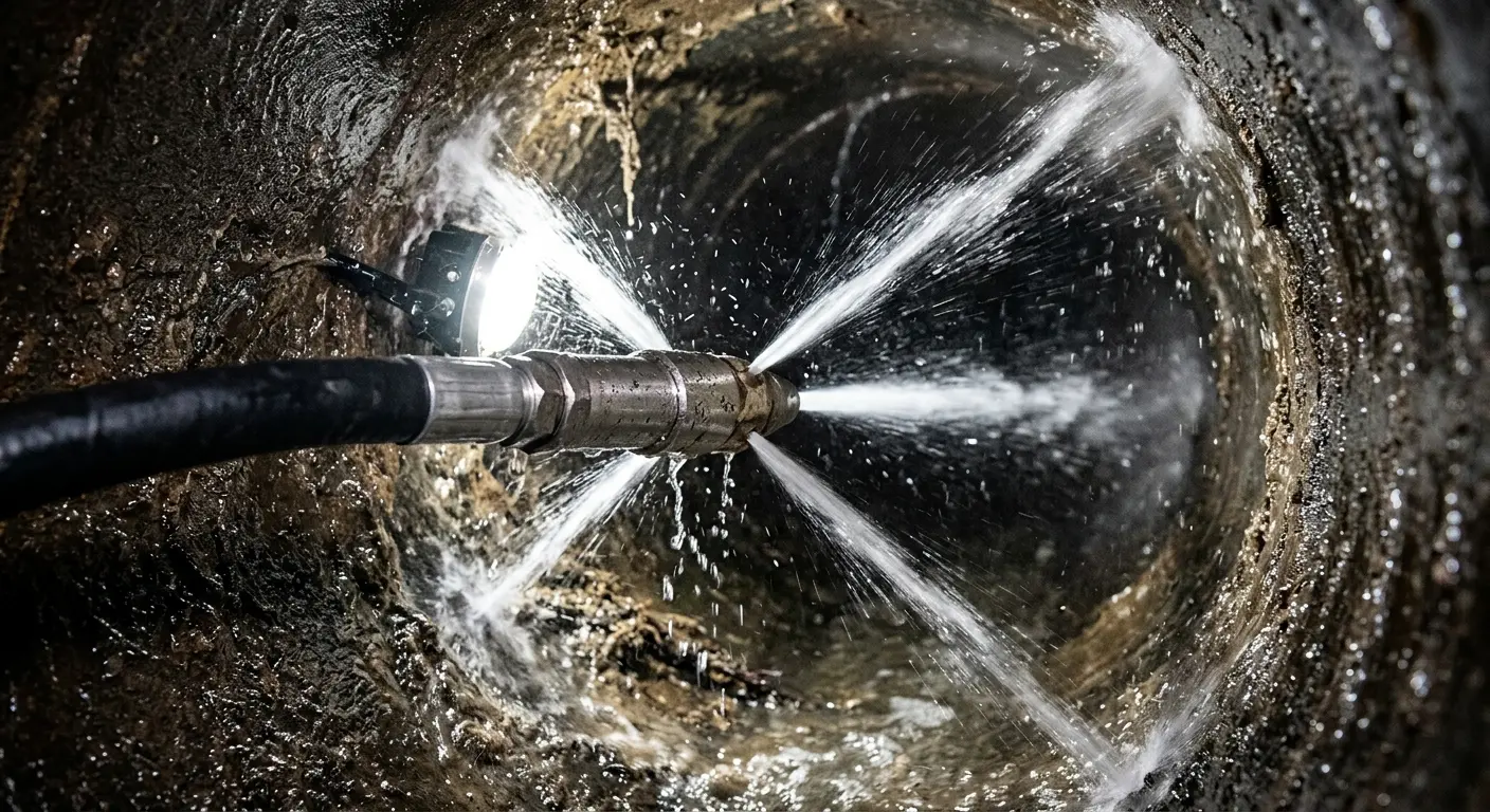 High-pressure hydro jetting nozzle cleaning sewer pipe for Emergency Drain Service in Cambridge