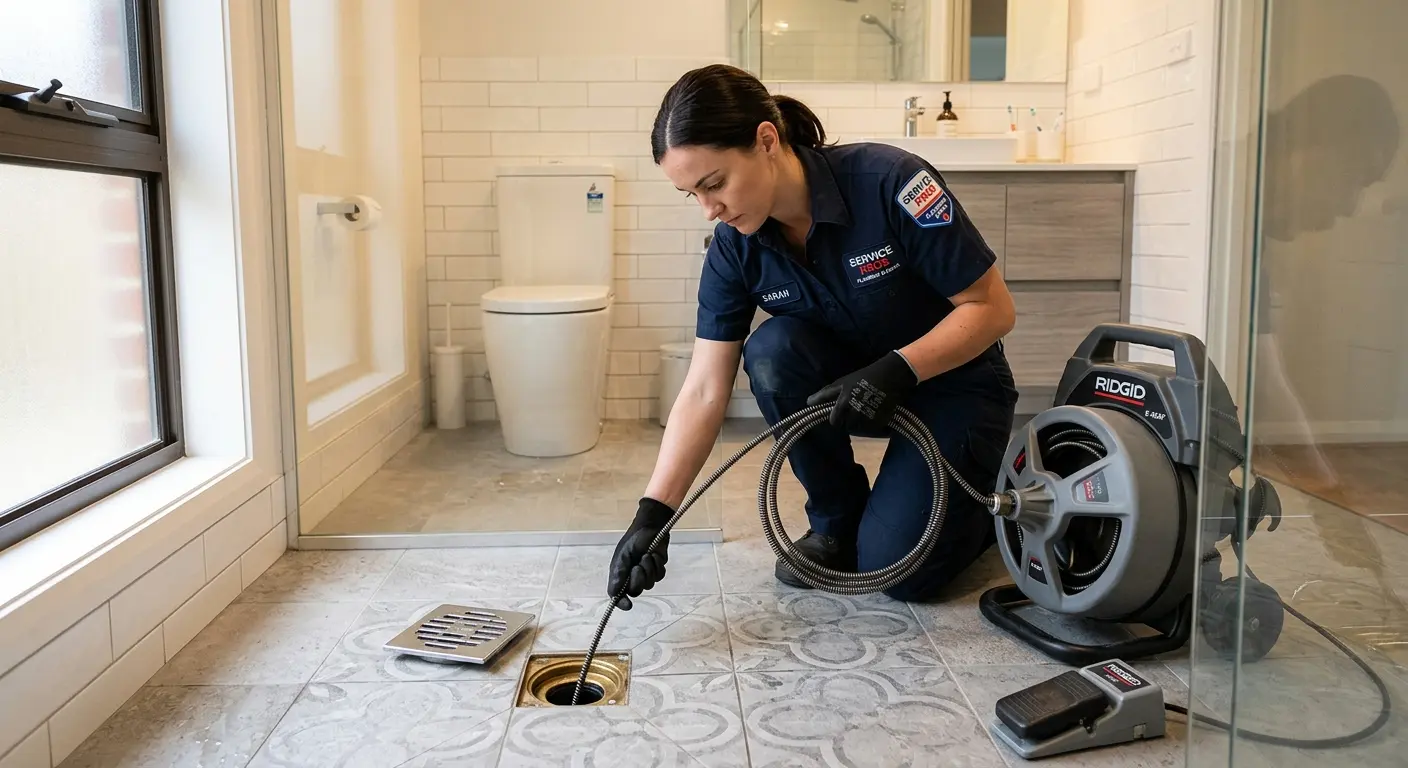 Technician clearing a bathroom floor drain for Drain Repair in Cambridge